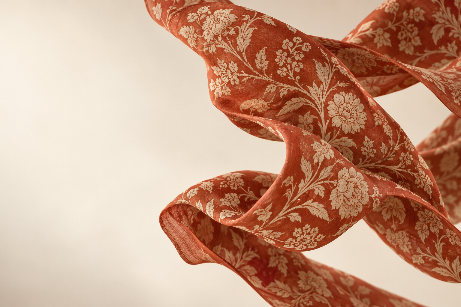 Terracotta botanical silk arranged in soft sculptural folds