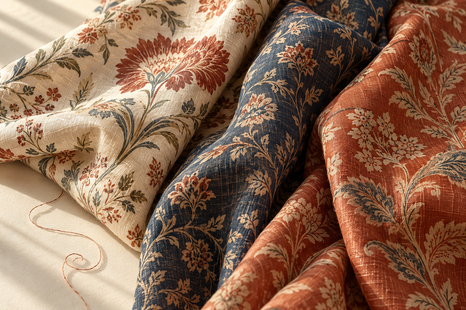 Ivory, indigo and terracotta botanical fabric studies